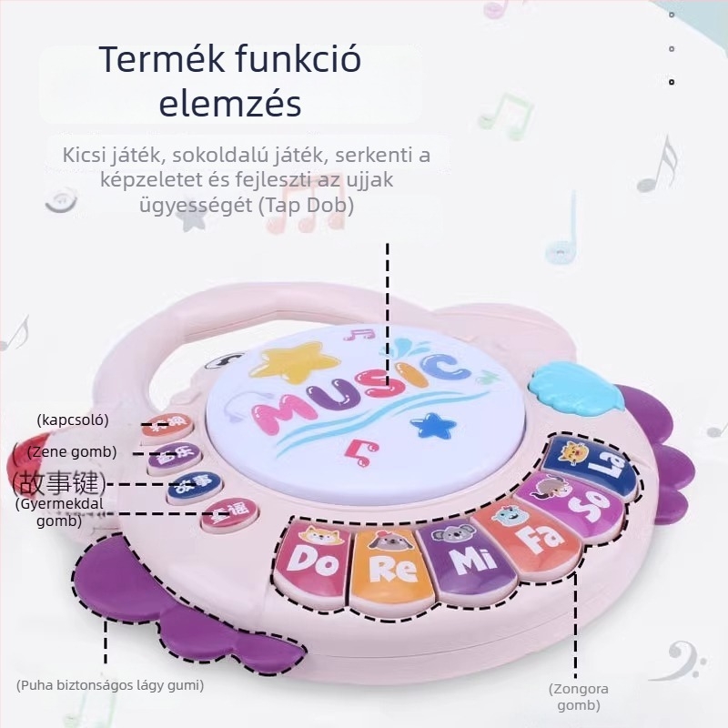 Babajáték: rákalakú kéz-dob, zenés történet, elektronikus billentyűzet 0–3 éveseknek (műanyag kivitel; érzelmi és látási fejlesztés; korai nevelés)