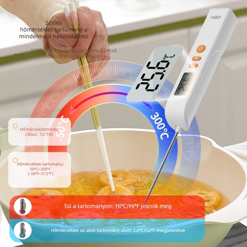 Élelmiszer-termométer rejtett érintkező szondával, digitális kijelző, 304 élelmiszer-minőségű rozsdamentes acél, modell DL333310