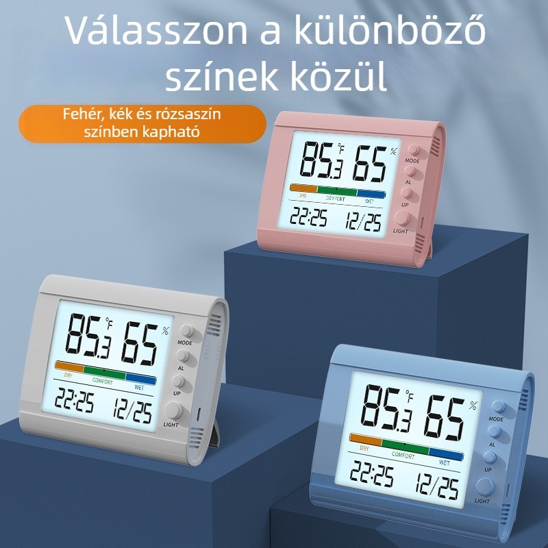 Okos beltéri hőmérséklet- és páratartalom-mérő, beltéri higrométer, multifunkciós ébresztőóra idővel és dátummal