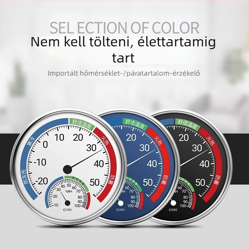 Beltéri falra szerelt, nagy pontosságú hőmérő és higrométer — méri a szoba hőmérsékletét és páratartalmát.