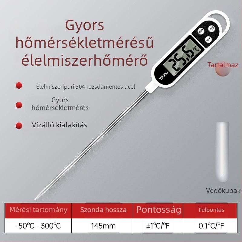 Élelmiszerhőmérő elektronikus szondával a víz, tej, kenyér és olaj hőmérsékletének mérésére