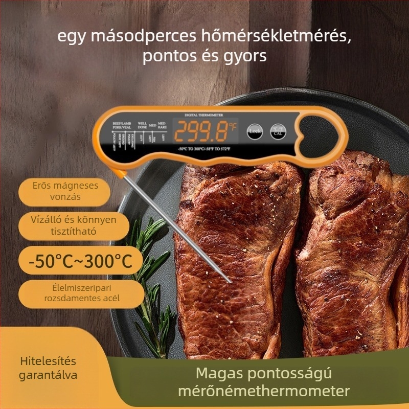 Remison összecsukható, újratölthető élelmiszerhőmérő LED kijelzővel – 0,1°C felbontás, 94 g, grill, sütés és konyha