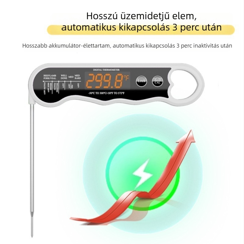 Remison összecsukható, újratölthető élelmiszerhőmérő LED kijelzővel – 0,1°C felbontás, 94 g, grill, sütés és konyha