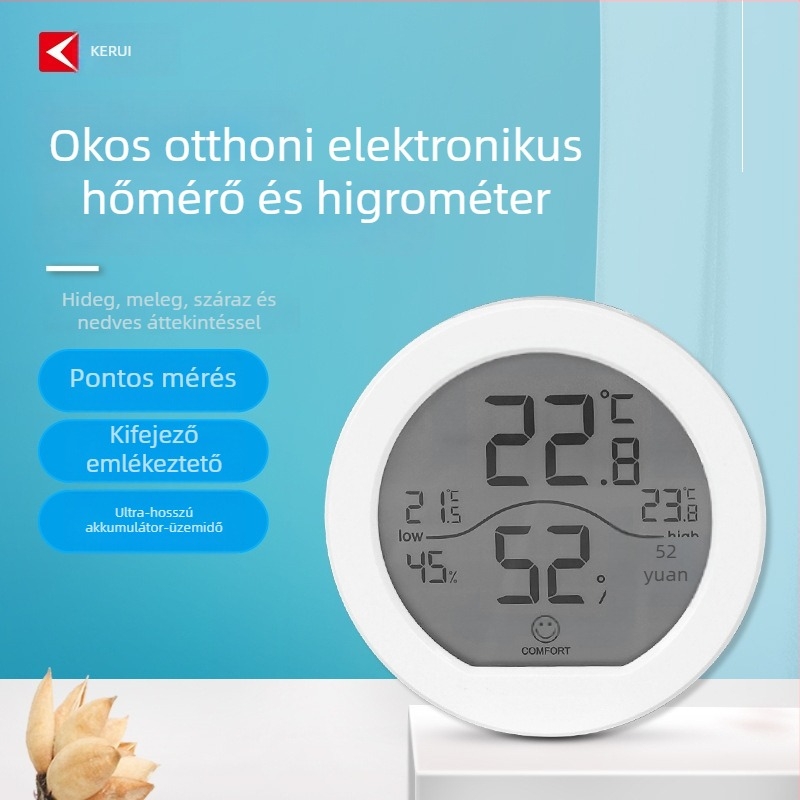 Kerui TH1 digitális hőmérő és higrométer, hordozható, elemről működik, otthonra és irodába