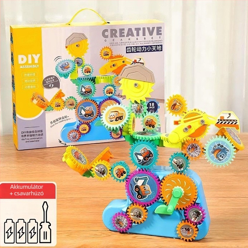 Elektronikus építőjáték exkavátorral – oktató építőjáték ABS műanyagból, akkumulátoros működés, 4–6 éveseknek