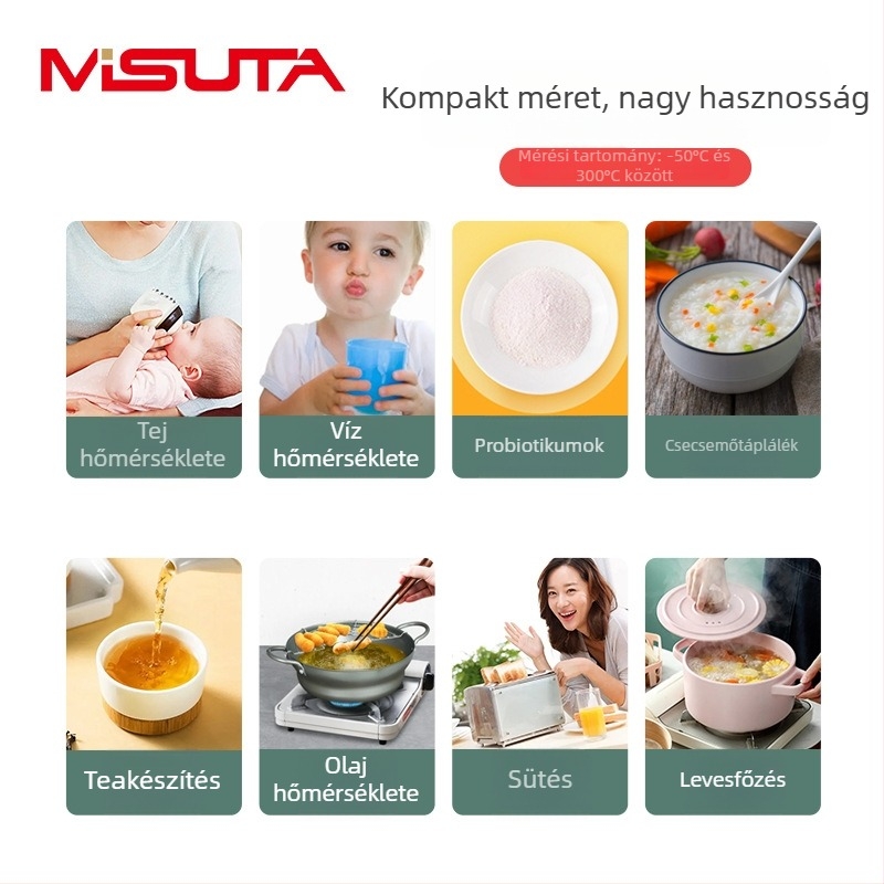 MISUTA digitális vízhőmérő, cumisüveghez és élelmiszerekhez használható hőmérő rozsdamentes acél szondával
