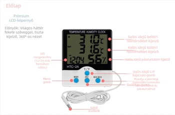 HTC-2A digitális hőmérséklet- és páratartalom-mérő belső/külső használatra, tartomány: külső -50…70°C, belső -10…+50°C; páratartalom 10–99%; hőmérséklet pontosság 0.1°C; hőmérséklet felbontás 0.1°C; páratartalom felbontás 1%.