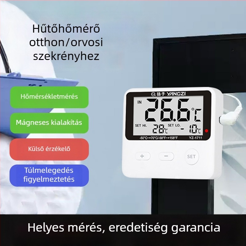 Digitális hűtőhőmérő beépített érzékelővel, orvosi hűtésre és minták megőrzésére