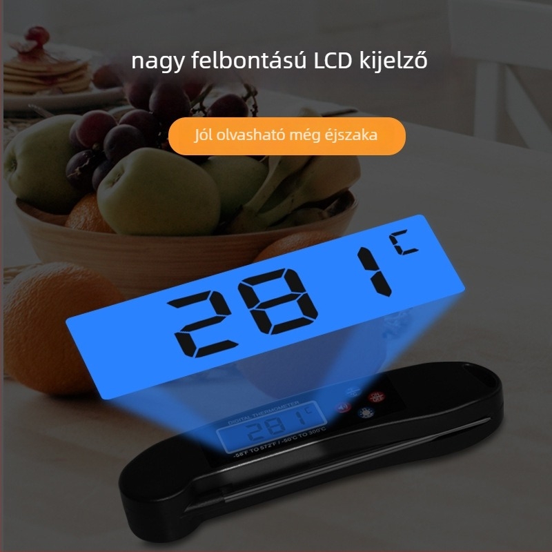 Élelmiszerhőmérő, 0,1°C felbontás, univerzális használat, testreszabható, AAA-elem működtetésű