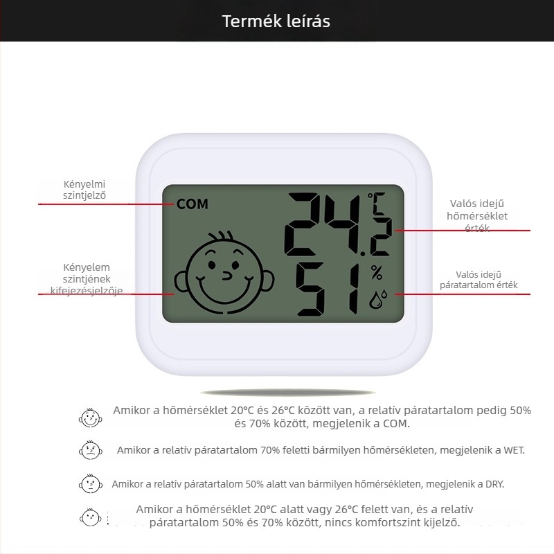 Szobai hőmérő digitális higrométerrel, 0,1°C felbontással, belső hőmérséklet és páratartalom mérése