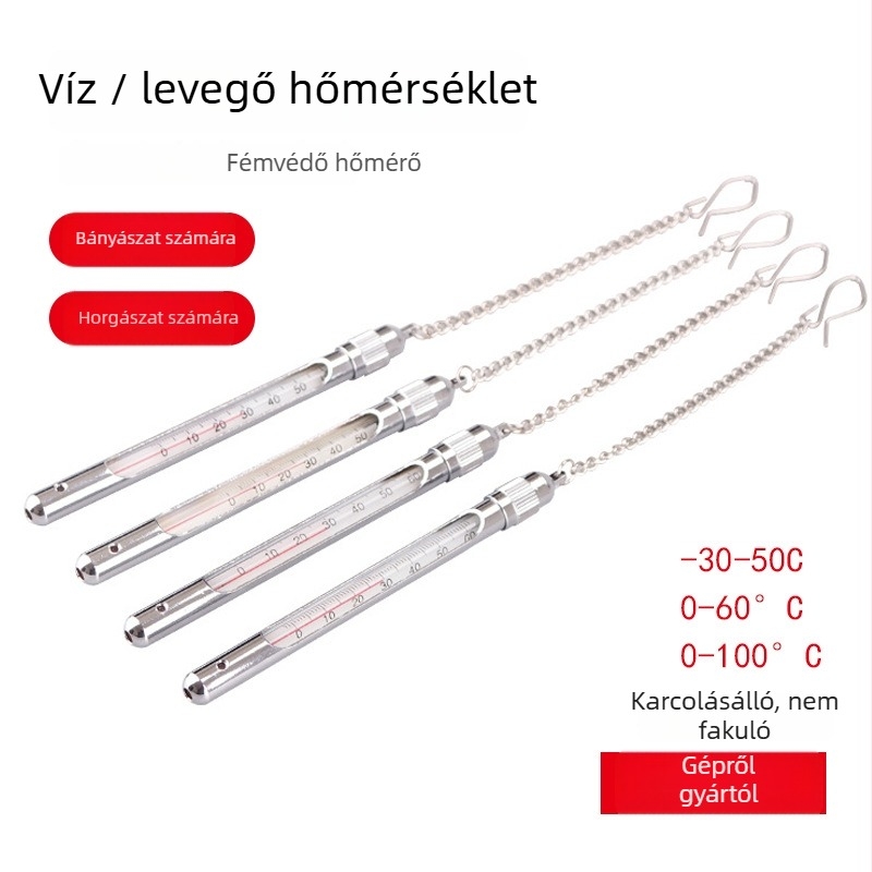 Üveg hőmérő bányászati és akvakultúrás felhasználásra, rozsdamentes acél ház réz hüvelyével, nagy pontosságú