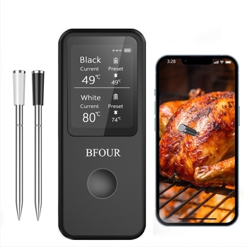 Bluetooth élelmiszertermometer, 2 mérőszondával, IP67 vízálló, 1°C felbontás