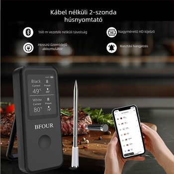 Bluetooth élelmiszertermometer, 2 mérőszondával, IP67 vízálló, 1°C felbontás