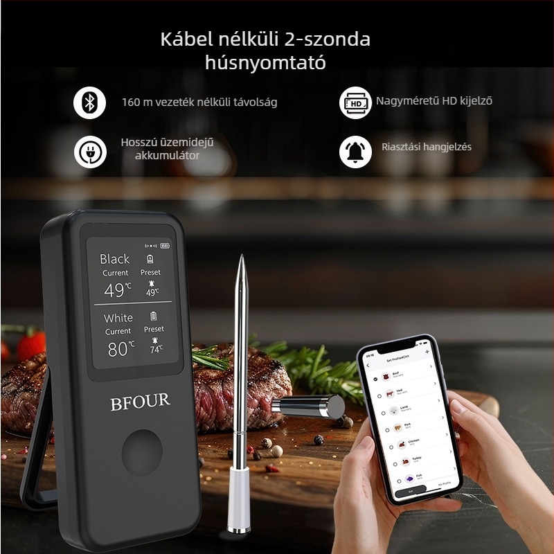 Bluetooth élelmiszertermometer, 2 mérőszondával, IP67 vízálló, 1°C felbontás