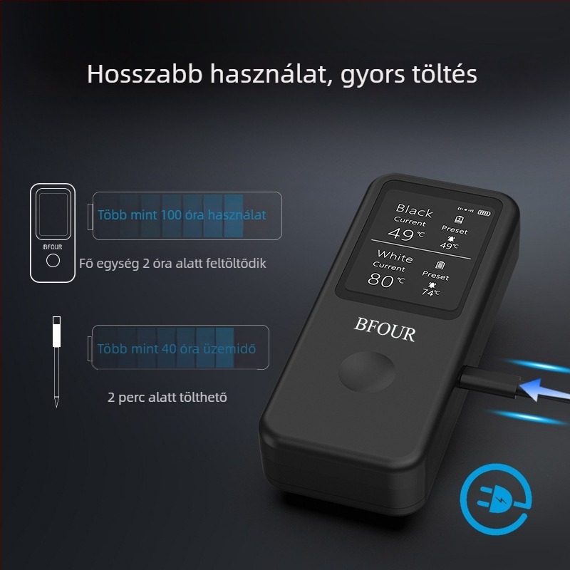 Bluetooth élelmiszertermometer, 2 mérőszondával, IP67 vízálló, 1°C felbontás