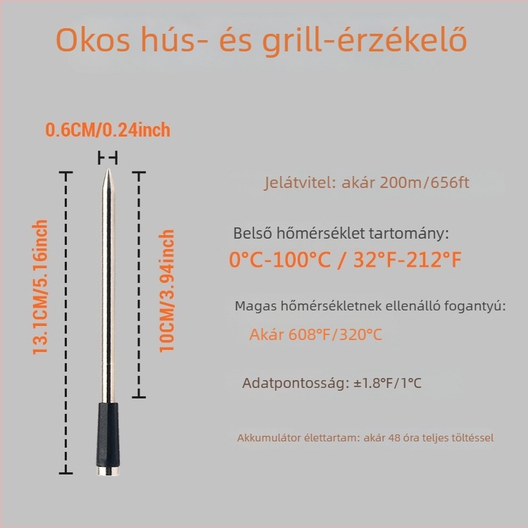 Ételhőmérő ±1°C felbontással, hosszú és rövid kettős tűs érzékelő, bambusz test, testreszabás elérhető