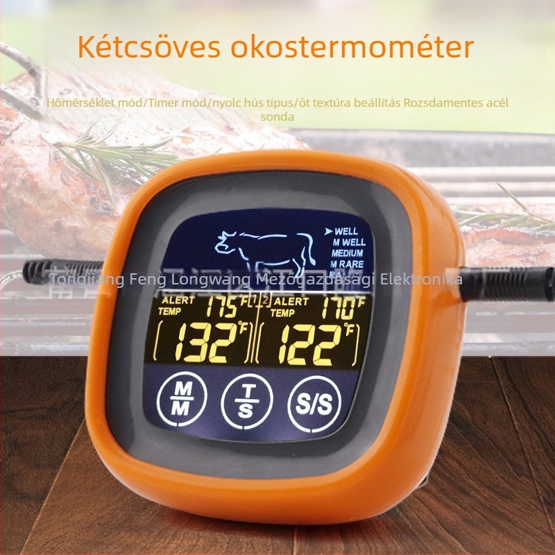 Kétcsatornás intelligens élelmiszerhőmérő, sütő/grill időzítő, 1°C felbontás
