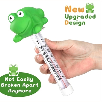 Üveges medencehőmérő otthoni használatra – karikatúra állatokat ábrázoló dizájn: flamingó, teknős, kis sárga kacsa és béka, a víz hőmérsékletét méri