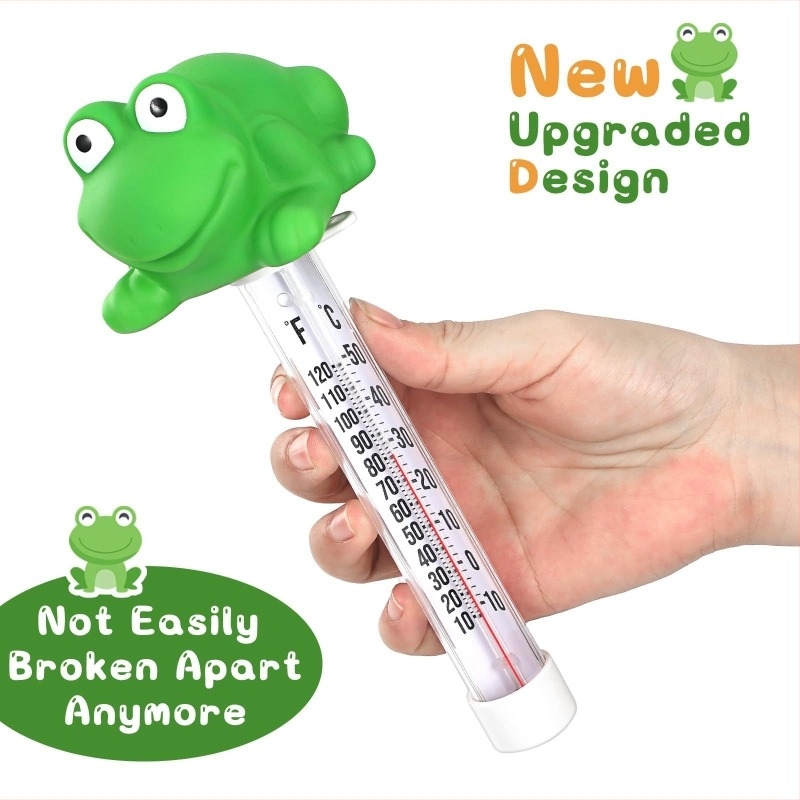 Üveges medencehőmérő otthoni használatra – karikatúra állatokat ábrázoló dizájn: flamingó, teknős, kis sárga kacsa és béka, a víz hőmérsékletét méri