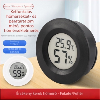 Tuojie kerek digitális hüllő-termometér és páratartalom-mérő akril tokban, kapcsolható kijelzővel, AG13 elemről működik