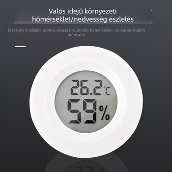 Tuojie kerek digitális hüllő-termometér és páratartalom-mérő akril tokban, kapcsolható kijelzővel, AG13 elemről működik