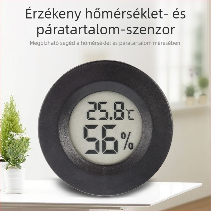 Tuojie kerek digitális hüllő-termometér és páratartalom-mérő akril tokban, kapcsolható kijelzővel, AG13 elemről működik