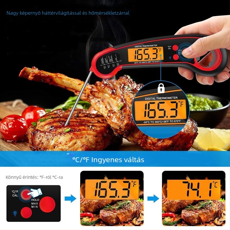 Összecsukható vízálló digitális konyhai hőmérő, sütőhőmérő -50°C-tól 300°C-ig