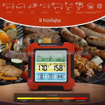 BBQ és konyhai élelmiszer-termométer érintéses színes kijelzővel és időzítővel, vízálló, -20°C-tól 300°C-ig, pontoság ±1°C