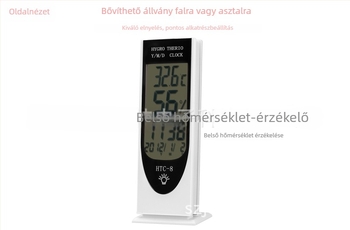 HTC-8 háttérvilágítással rendelkező elektronikus hőmérséklet- és páratartalom-mérő, 0–50°C hőmérséklet-tartomány, 10–99% RH páratartomány, felbontás 0.1°C