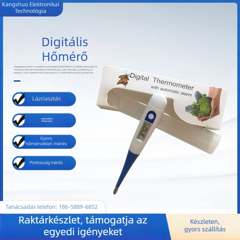 HS-28 Digitális elektronikus hőmérő otthoni használatra — mérés a szájon át, hónaljon és végbélen; 32–42°C tartomány; ±0.1°C pontoság; 1.5V elem