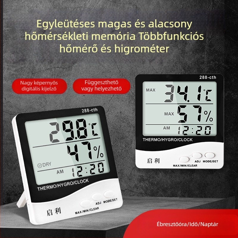 Belső használatra szánt digitális hőmérséklet- és páratartalommérő idő kijelzéssel, nagy pontosságú, száraz és nedves hőmérséklet mérése, többfunkciós