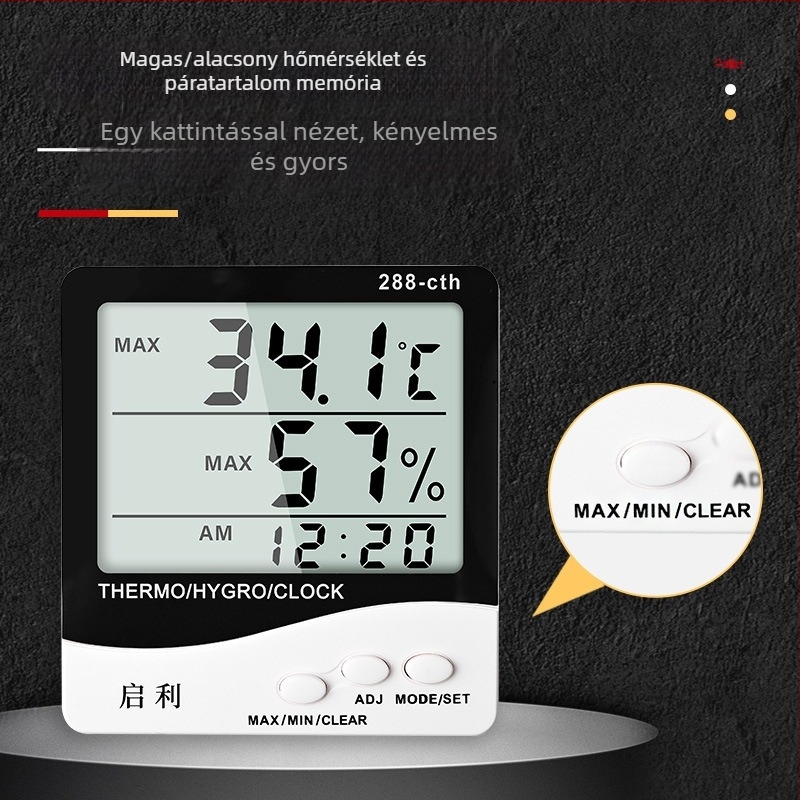 Belső használatra szánt digitális hőmérséklet- és páratartalommérő idő kijelzéssel, nagy pontosságú, száraz és nedves hőmérséklet mérése, többfunkciós