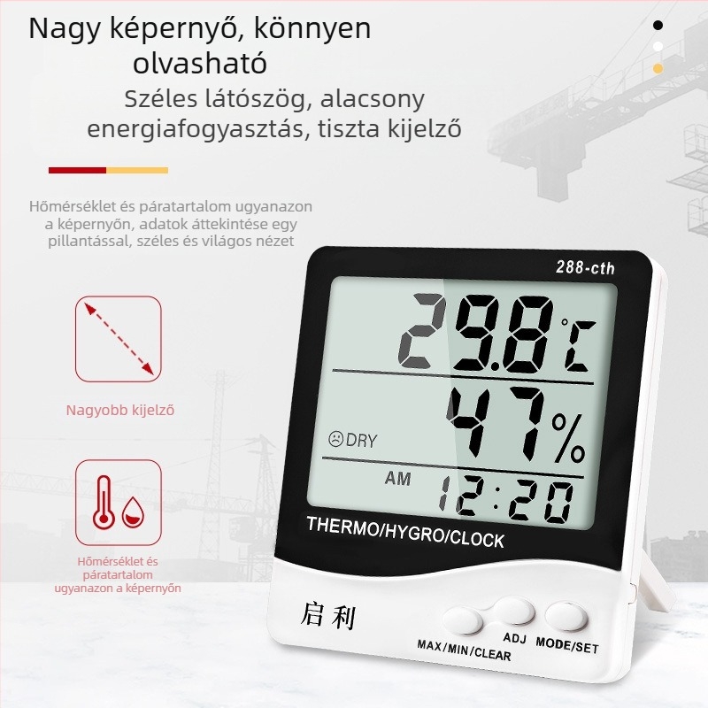 Belső használatra szánt digitális hőmérséklet- és páratartalommérő idő kijelzéssel, nagy pontosságú, száraz és nedves hőmérséklet mérése, többfunkciós