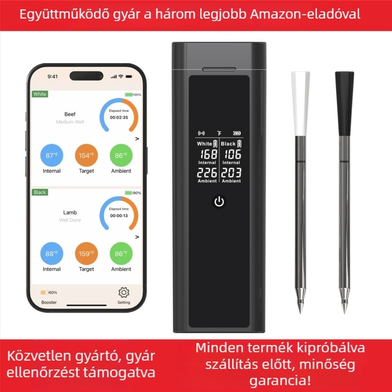 Bluetoothos vezeték nélküli hús hőmérő BBQ-hoz és konyhához – 0.1°C felbontás; szonda -10°C-tól 100°C-ig; kerámia vég -10°C-tól 300°C-ig