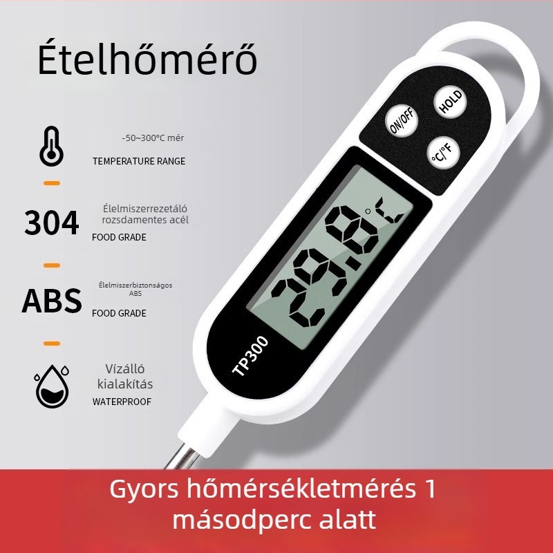Ételhőmérő olaj és víz hőmérsékletének mérésére, nagy pontosságú, tűszerű típus, 0,1°C felbontás