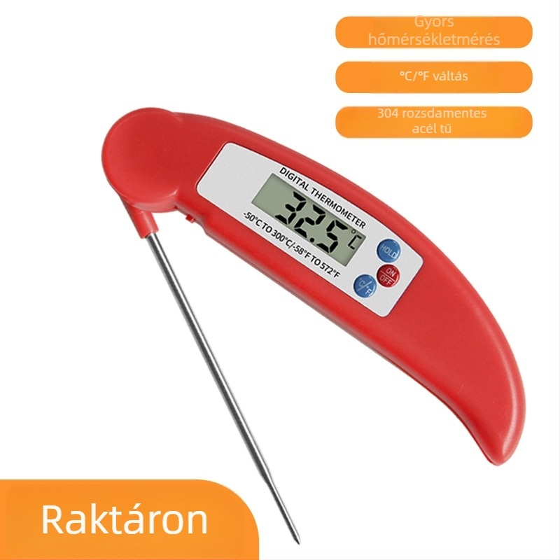 Digitális ételhőmérő konyhai használatra, -50°C-tól 300°C-ig, 0,1°C felbontás, ±0,8°C pontosság, reagálási idő 3–4 s