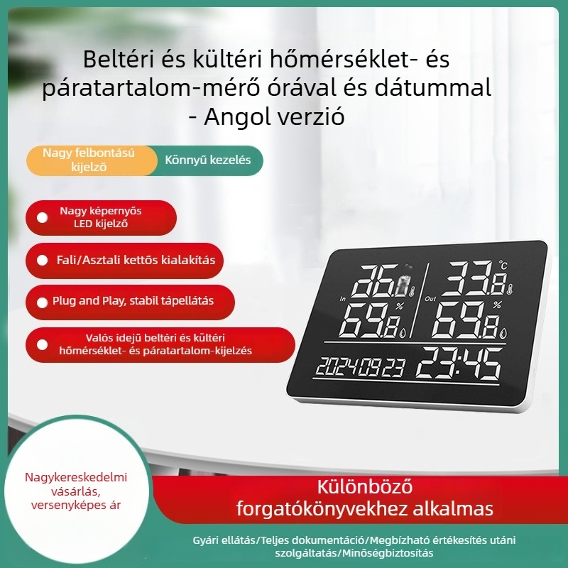 Falihoz szerelt, nagy kijelzős hőmérséklet- és páratartalom-mérő, belső és külső használatra, dátum és idő megjelenítéssel