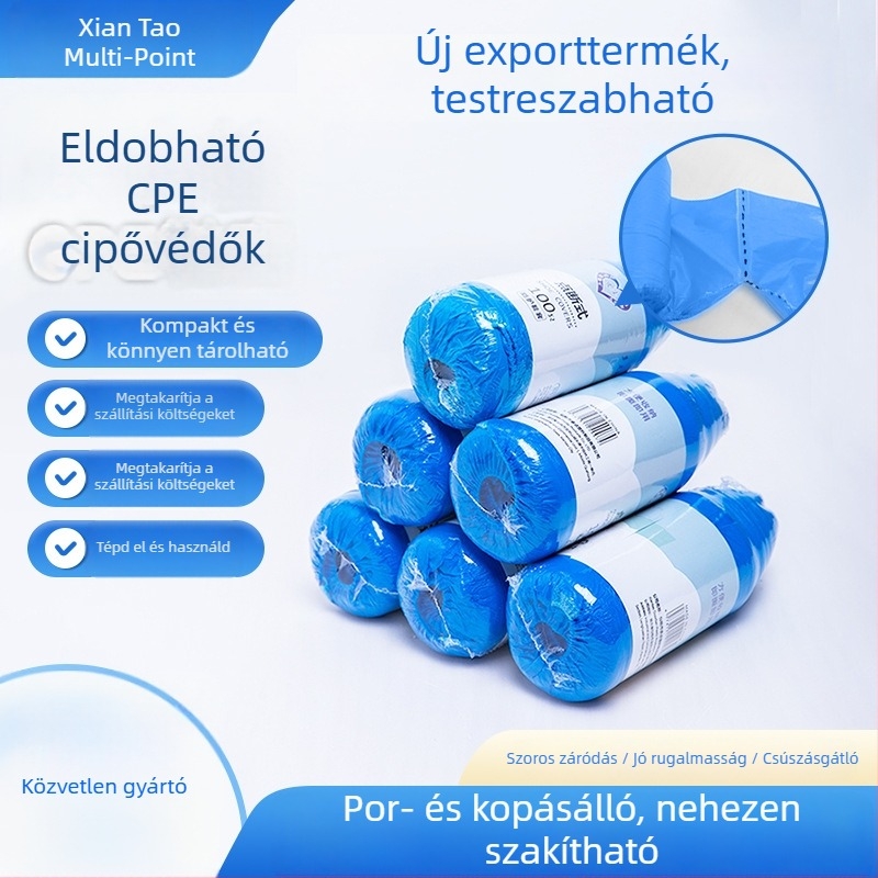 Egyszer használatos CPE cipővédők, vastított tépő típusú, új modell, 100 darabos csomag, vízálló és porálló