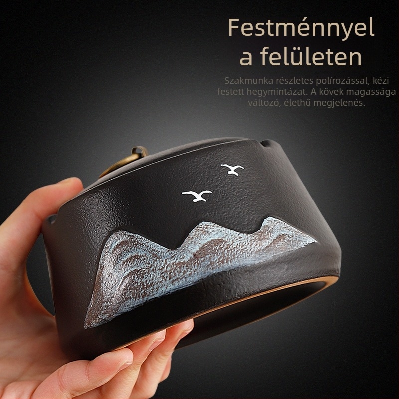 Kerámiából készült hamutál szélálló fedéllel, minimalistikus design, tároló funkció, testreszabható logó, otthonra és irodába