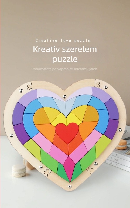 Fából készült szív alakú puzzle gyerekeknek, sík puzzle, 4–6 éveseknek, OEM logó testreszabás, licencelt magáncímke