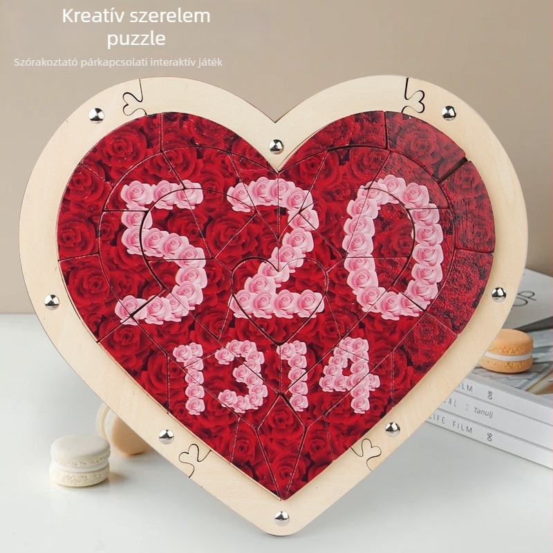 Fából készült szív alakú puzzle gyerekeknek, sík puzzle, 4–6 éveseknek, OEM logó testreszabás, licencelt magáncímke