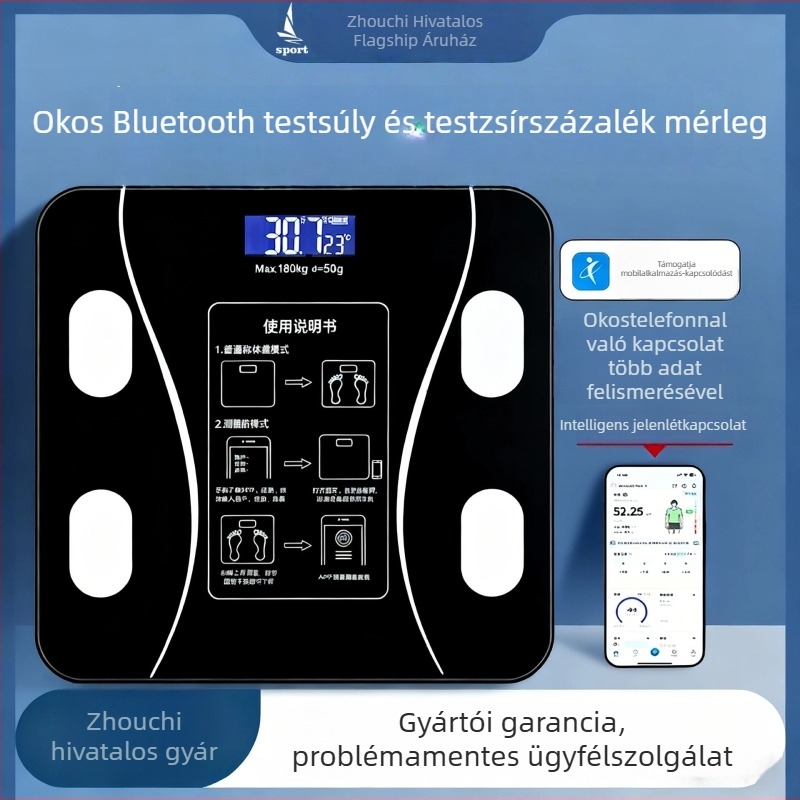 Testzsír mérő Bluetooth-képes, USB töltéssel, otthoni használatra, testzsír mérése, egyszerű kialakítás, modell ZC26