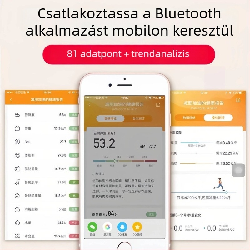 Testzsír mérő Bluetooth-képes, USB töltéssel, otthoni használatra, testzsír mérése, egyszerű kialakítás, modell ZC26