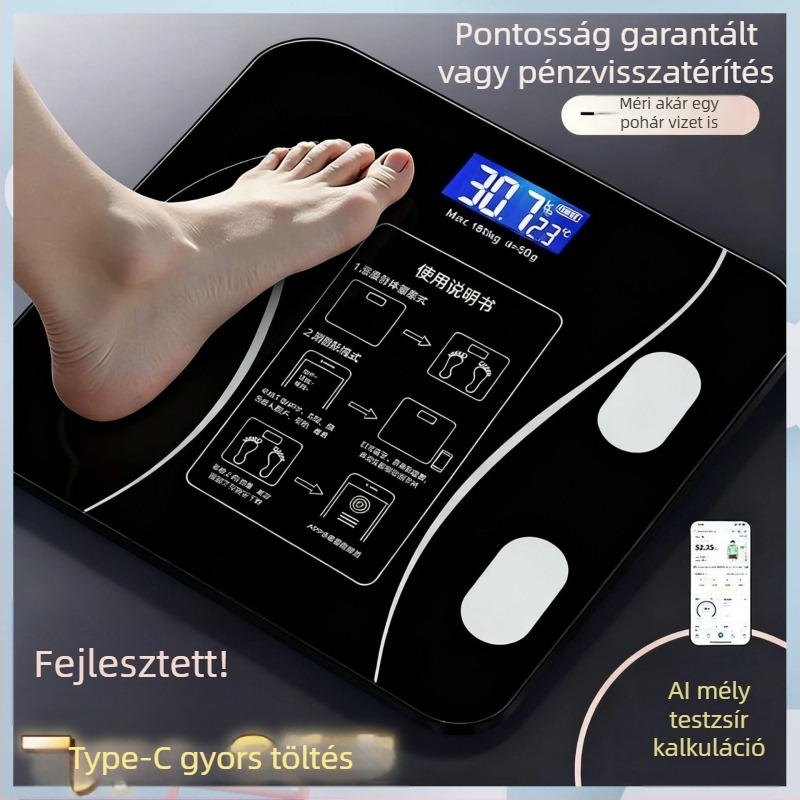 Testzsír mérő Bluetooth-képes, USB töltéssel, otthoni használatra, testzsír mérése, egyszerű kialakítás, modell ZC26