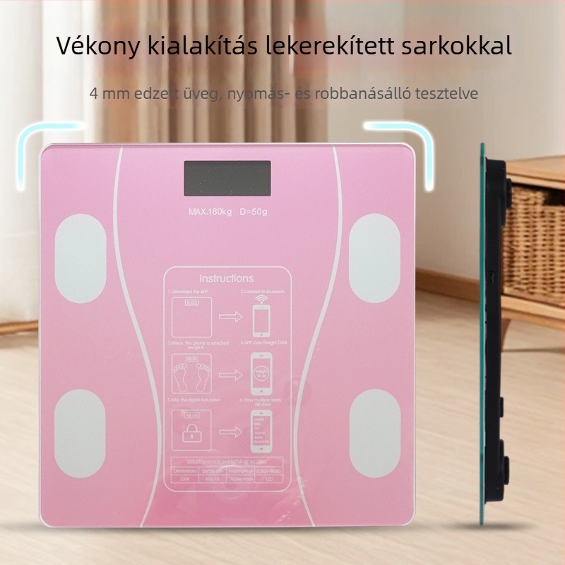 Elektronikus testsúly- és testzsírmérő, intelligens funkciókkal, LCD kijelző, érintéses működés, edzett üveg, 180 kg kapacitás (akku/újratölthető)