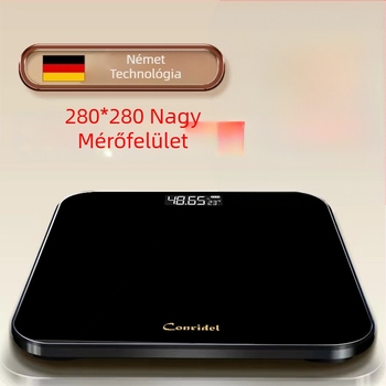 Bluetoothos testtömeg-mérő 5 mm edzett üveg platformával, 280×280 mm, méri a testsúlyt, testzsírt, nedvességet és kalóriákat, 180 kg kapacitás, fekete
