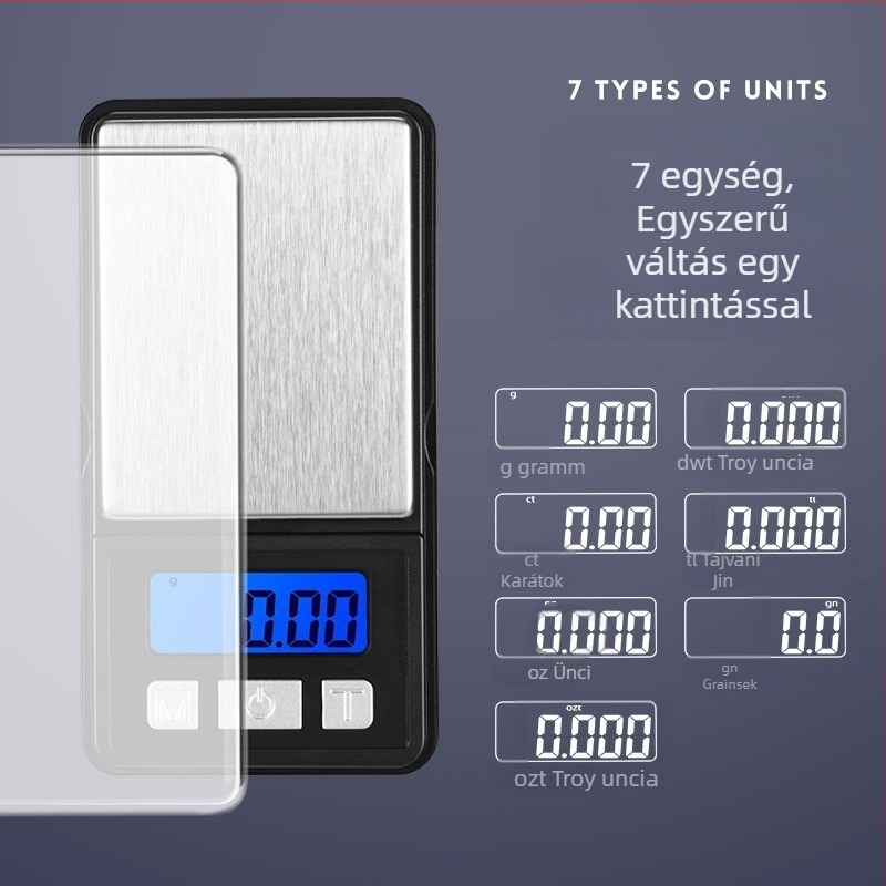 Kis hordozható precíziós elektronikus mérleg ékszerekhez – mérési tartomány 0,01–500 g, Modell 8017, ABS műanyag, LCD kijelző, 2x AA elemmel működik