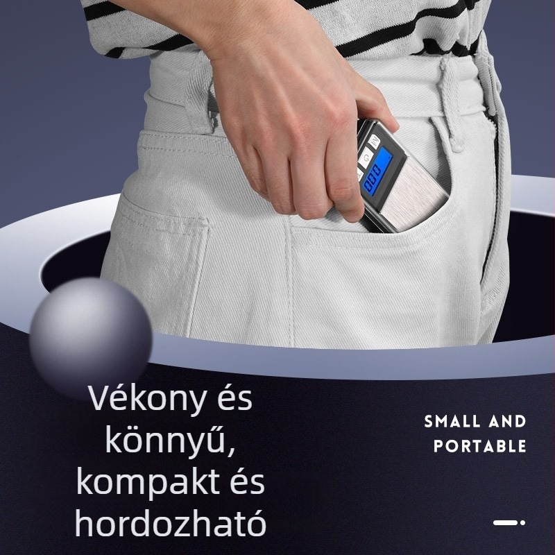 Kis hordozható precíziós elektronikus mérleg ékszerekhez – mérési tartomány 0,01–500 g, Modell 8017, ABS műanyag, LCD kijelző, 2x AA elemmel működik