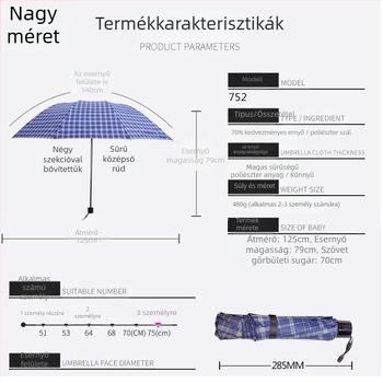 10-ágú kockás összecsukható esernyő megerősített váz, UV-védelem, poliészter 190T, manuális nyitás-zárás