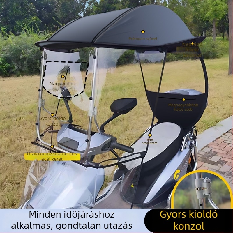 Esővédő és napvédő ponyva elektromos járművekhez, E‑bike és motorkerékpár számára, szélálló